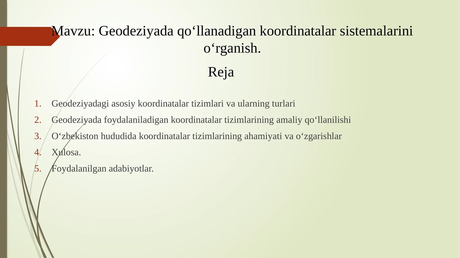 Geodeziyada qo‘llanadigan koordinatalar sistemalarini o‘rganish.