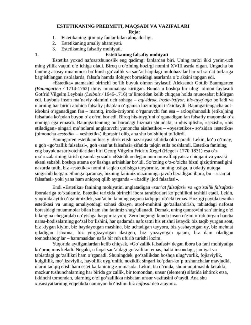 Estetikaning Predmeti, Maqsadi va Vazifalari