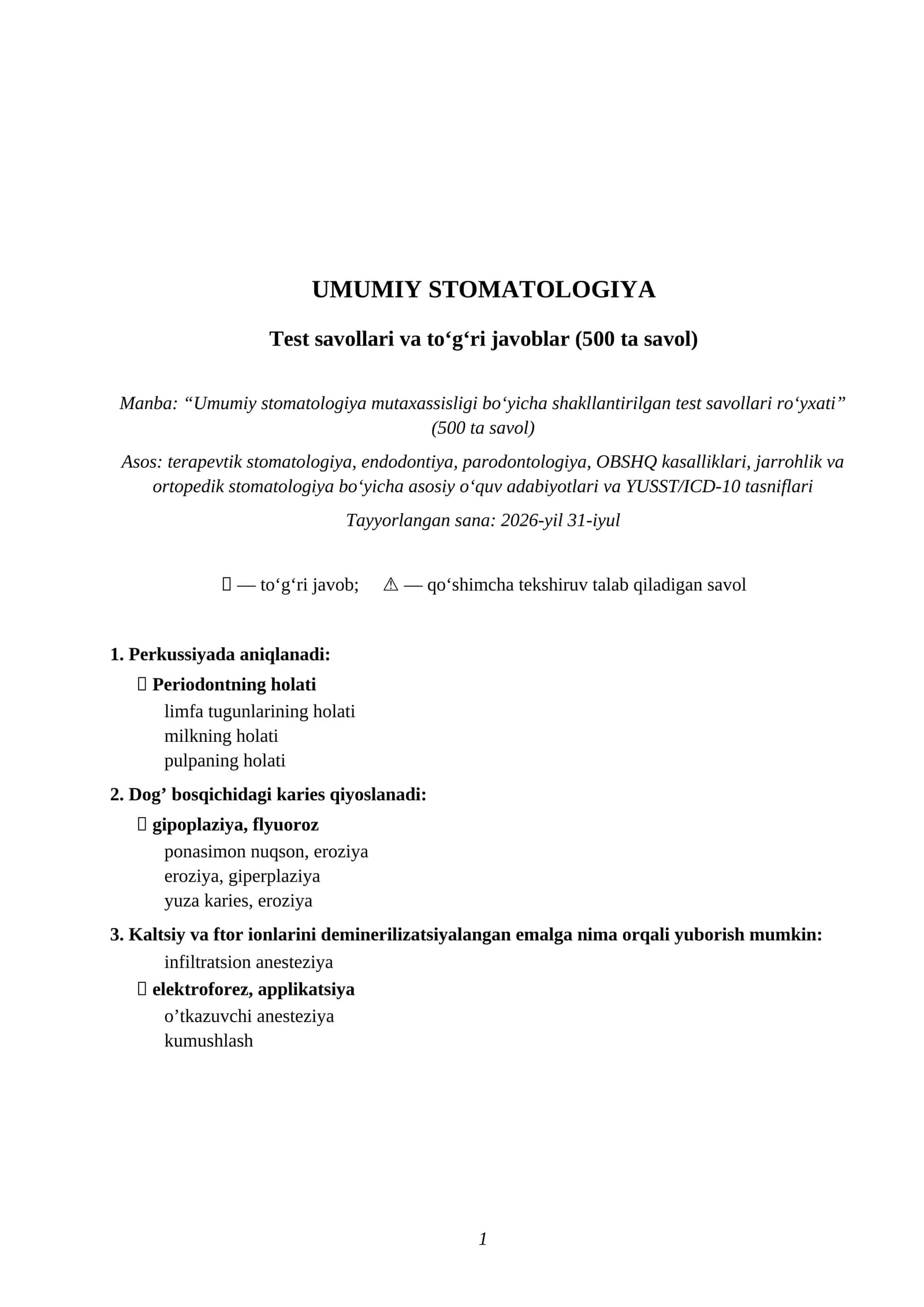 Umumiy stomatologiya 500 ta test javoblari — Attestatsiya va Nostrifikatsiya 2026
