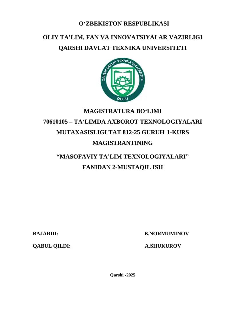 MASOFAVIY TA’LIM TEXNOLOGIYALARI