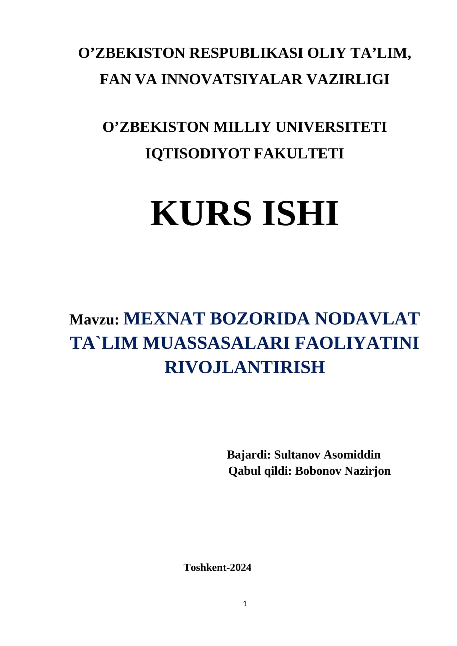 MEXNAT BOZORIDA NODAVLAT TA`LIM MUASSASALARI FAOLIYATINI RIVOJLANTIRISH
