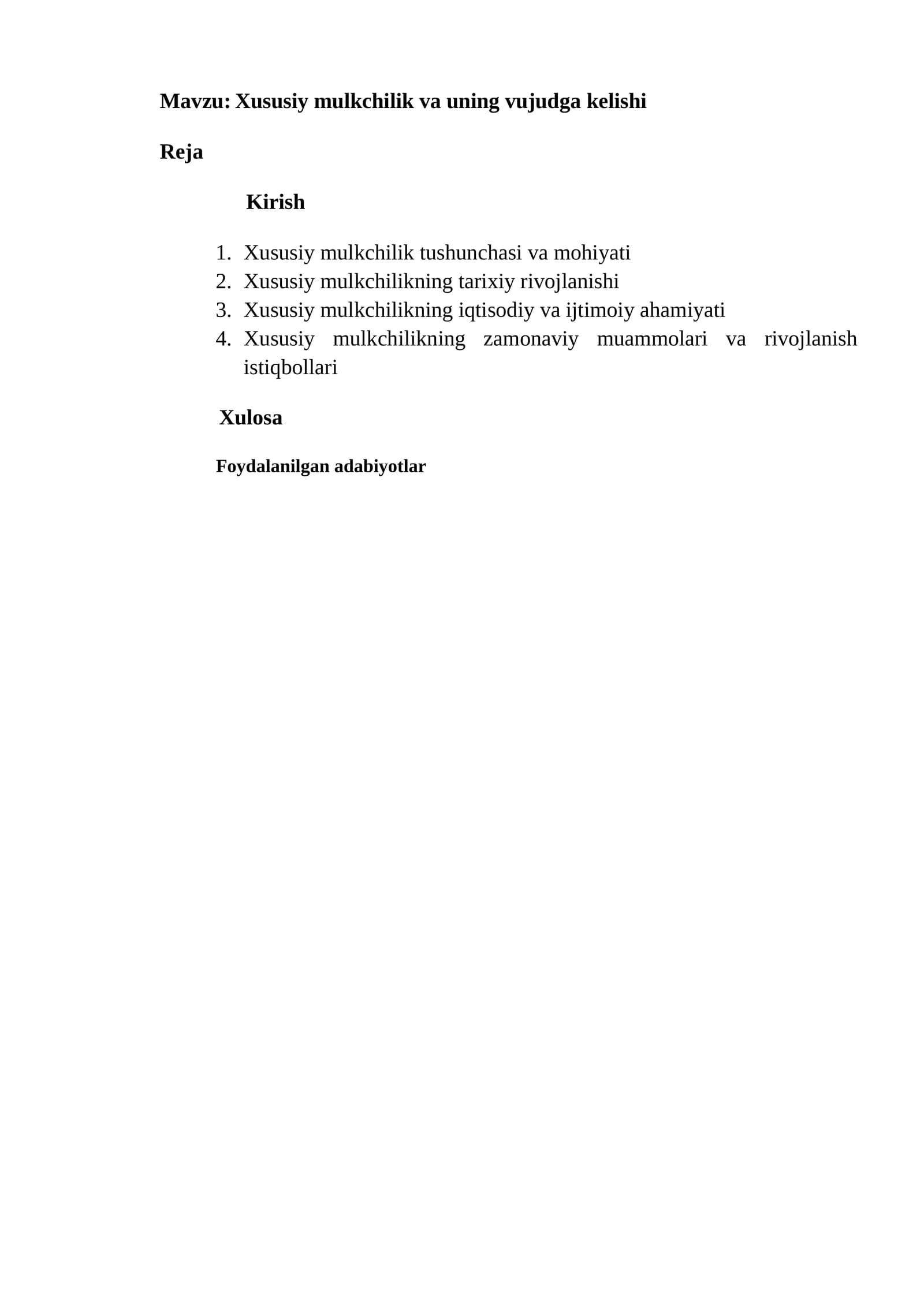 Xususiy mulkchilik va uning vujudga kelishi