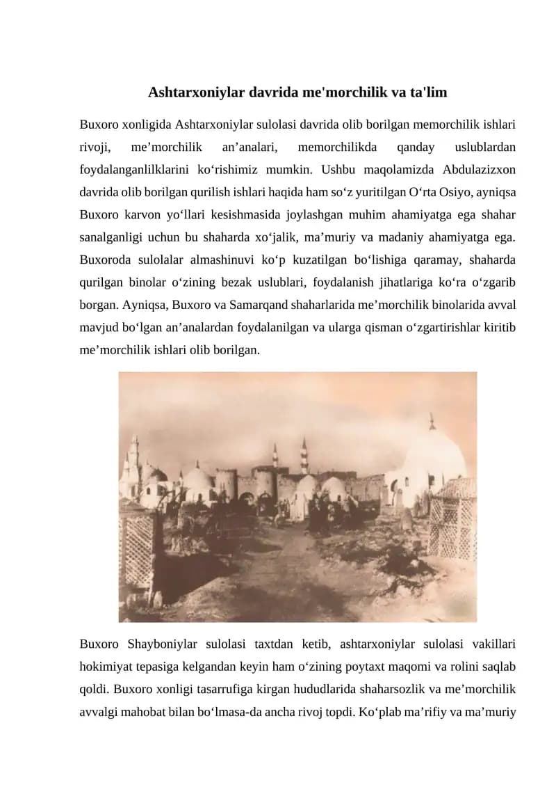 Ashtarxoniylar davrida me'morchilik va ta'lim