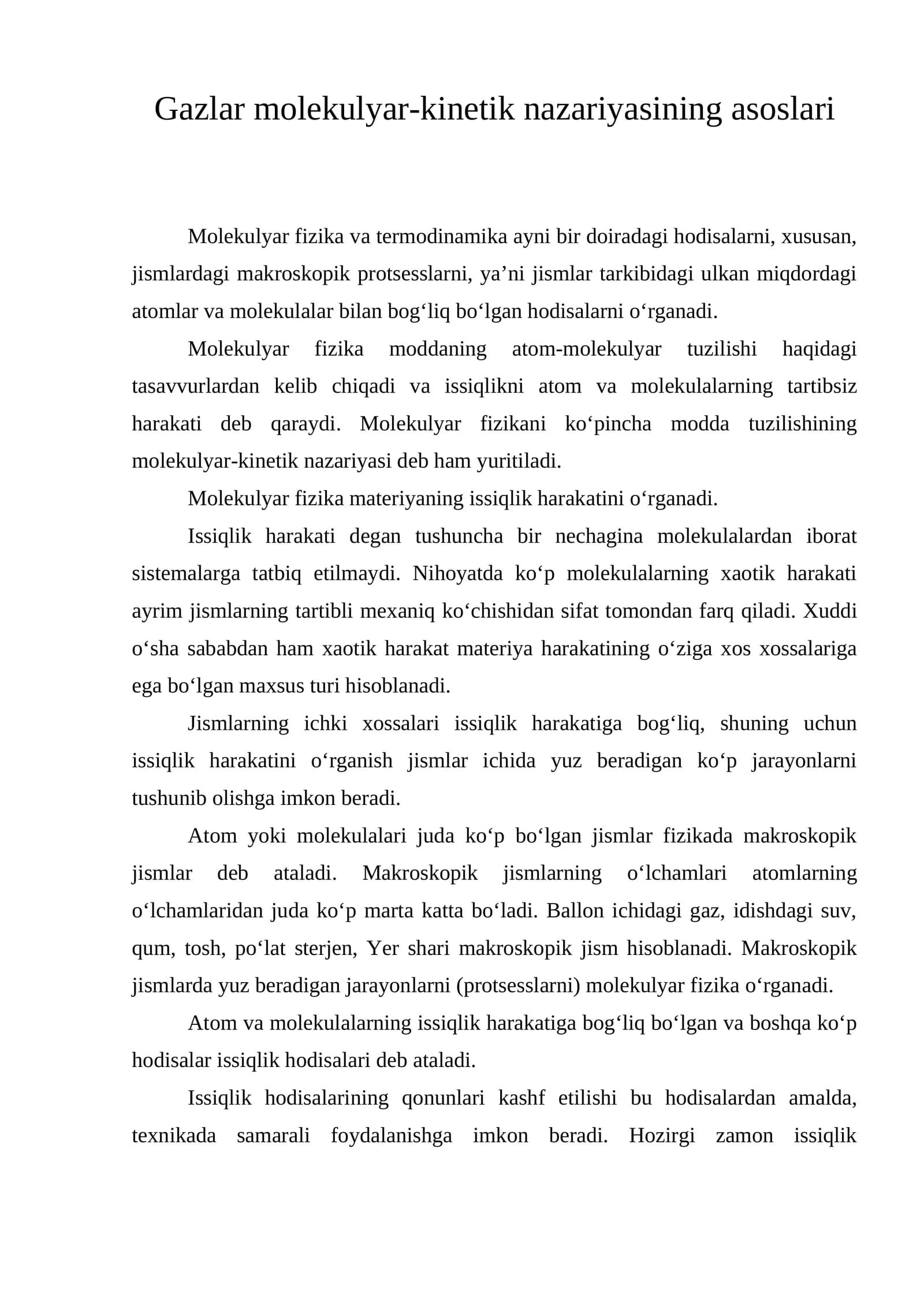 Gazlar molekulyar-kinetik nazariyasining asoslari