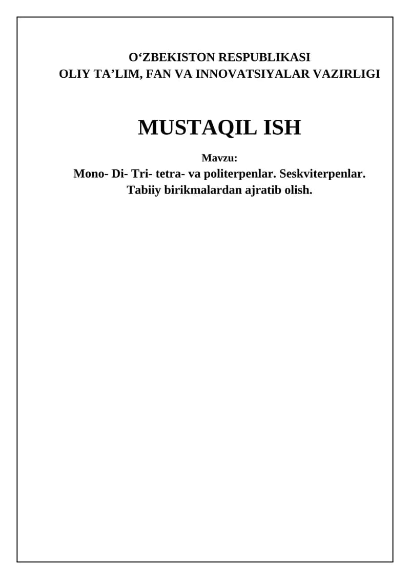 Terpenlar Tabiiy Birikmalardan Ajratib Olish Usullari