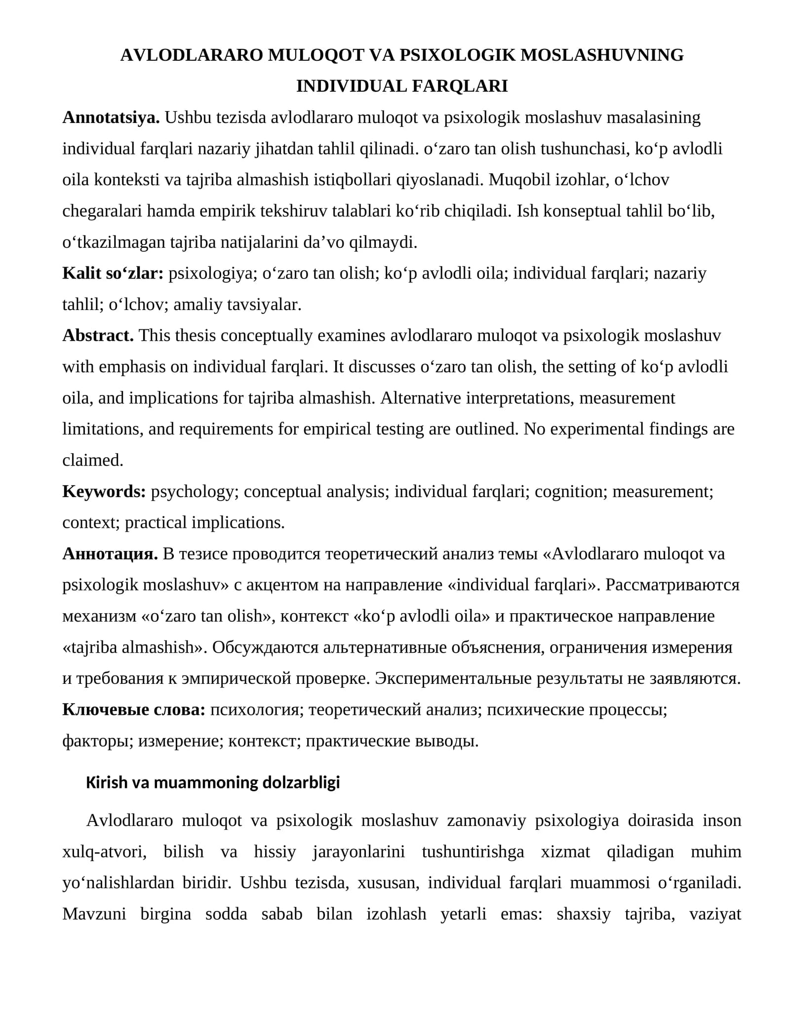 AVLODLARARO MULOQOT VA PSIXOLOGIK MOSLASHUVNING INDIVIDUAL FARQLARI