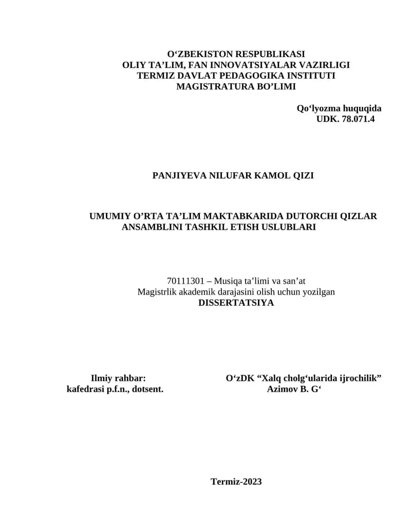 UMUMIY O’RTA TA’LIM MAKTABKARIDA DUTORCHI QIZLAR ANSAMBLINI TASHKIL ETISH USLUBLARI