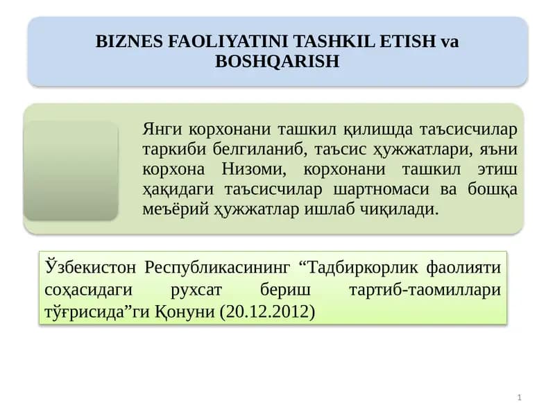 BIZNES FAOLIYATINI TASHKIL ETISH va BOSHQARISH