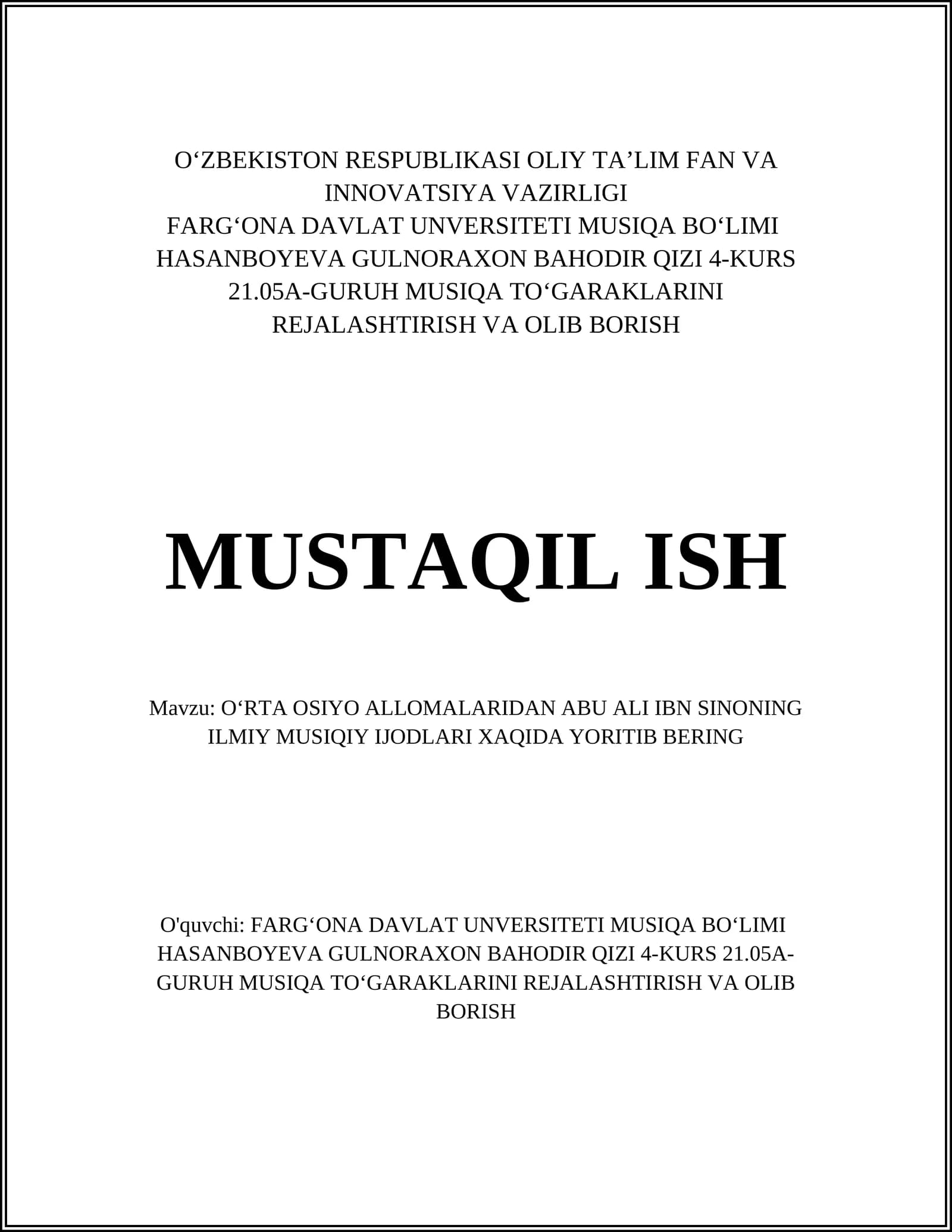 Abu Ali Ibn Sinoning musiqaga oid ta'limoti