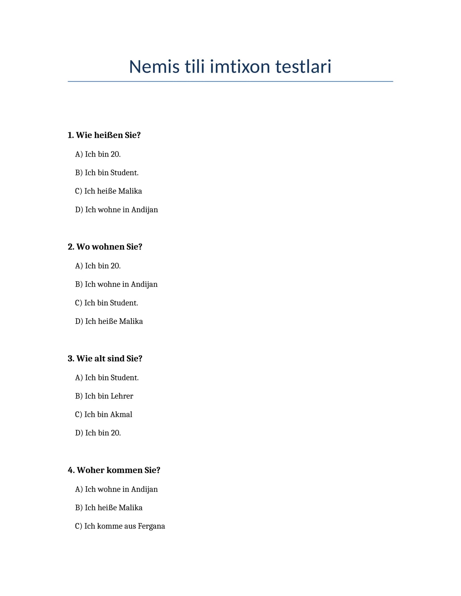 Nemis tili imtixon testlari