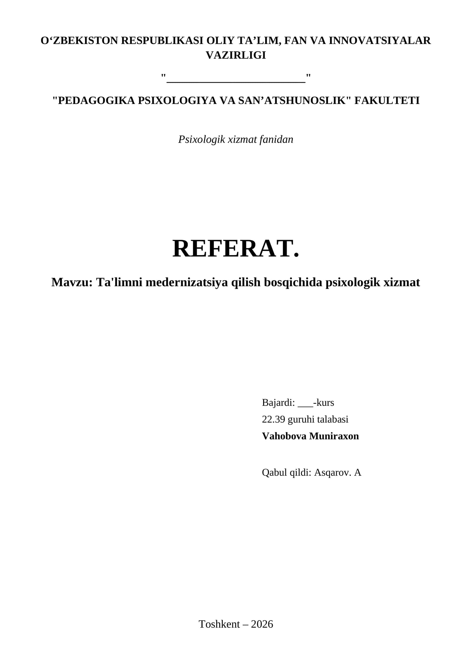Ta'limni medernizatsiya qilish bosqichida psixologik xizmat