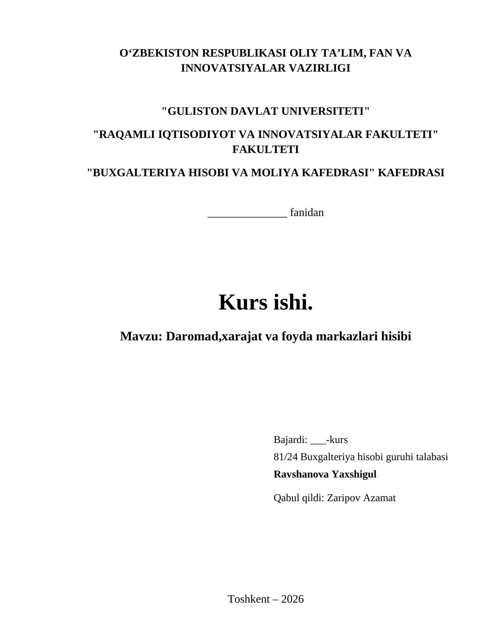 Daromad,xarajat va foyda markazlari hisibi