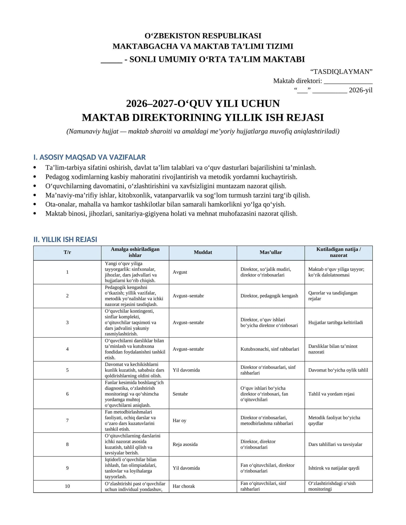 Maktab direktorining 2026–2027-o‘quv yili uchun yillik ish rejasi
