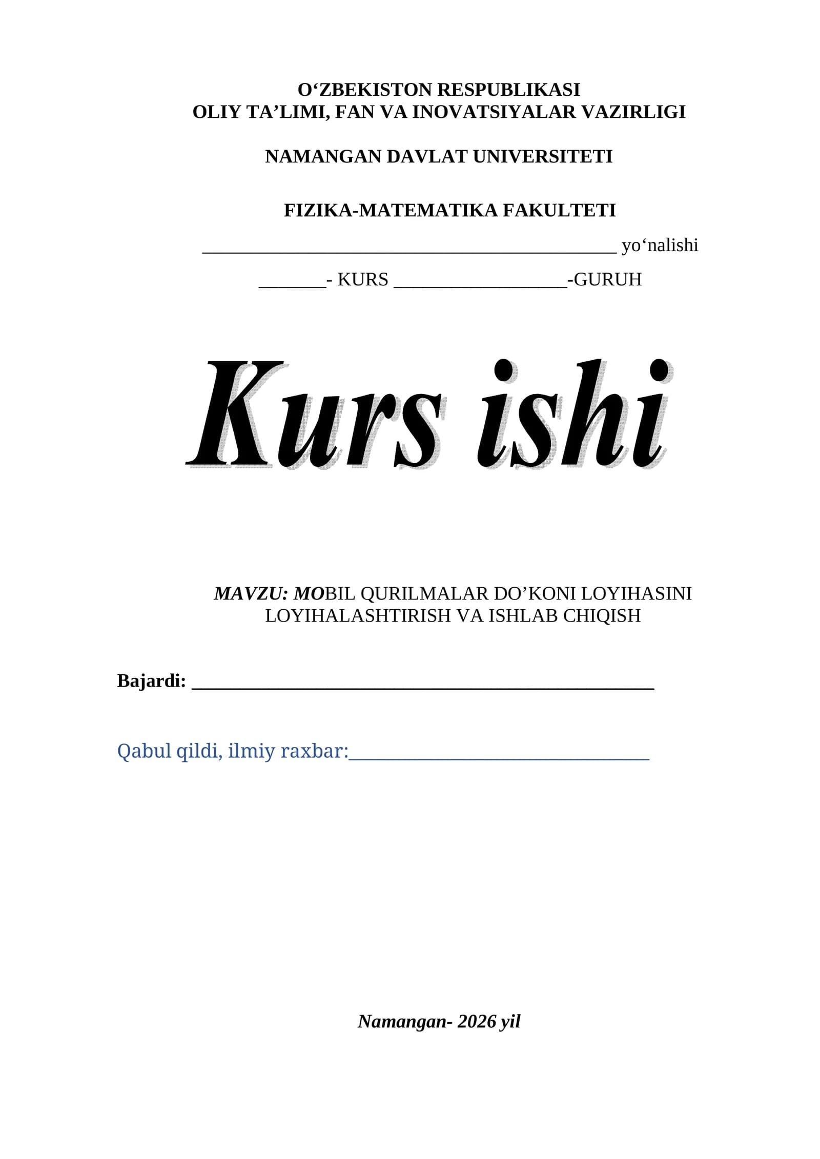 MOBIL QURILMALAR DO’KONI LOYIHASINI LOYIHALASHTIRISH VA ISHLAB CHIQISH
