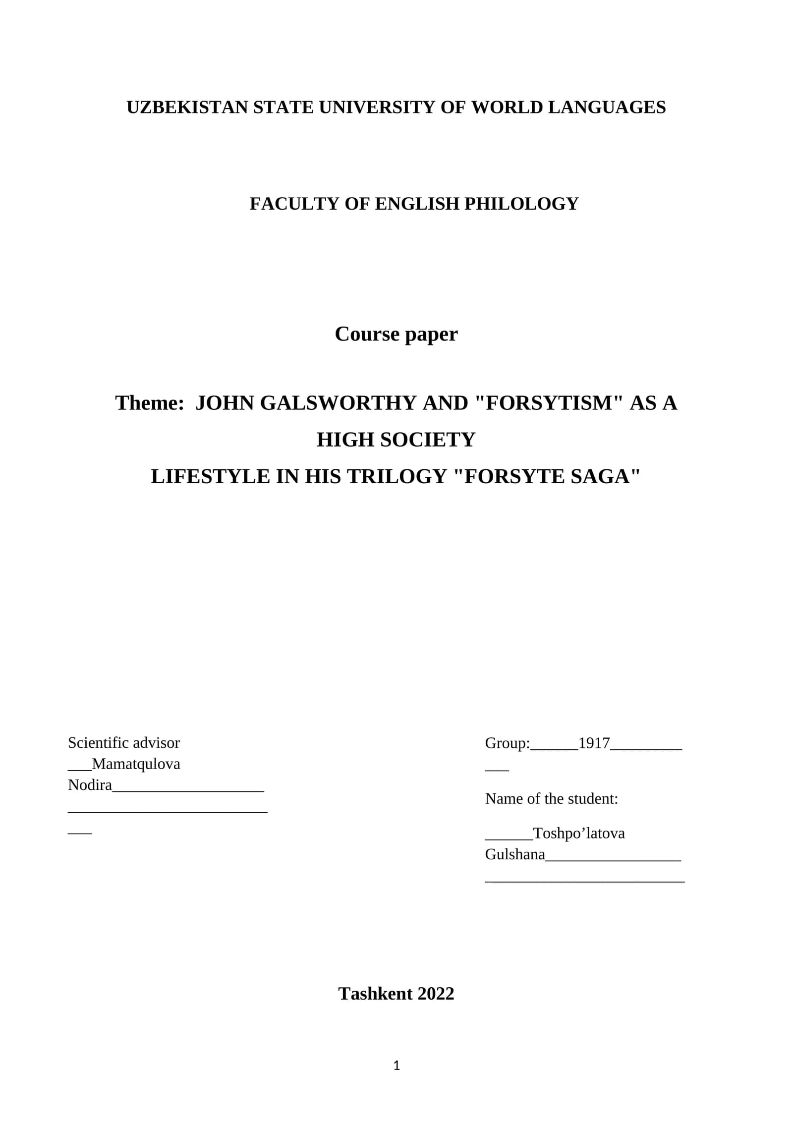 JOHN GALSWORTHY AND "FORSYTISM" AS A HIGH SOCIETY LIFESTYLE IN HIS TRILOGY "FORSYTE SAGA"