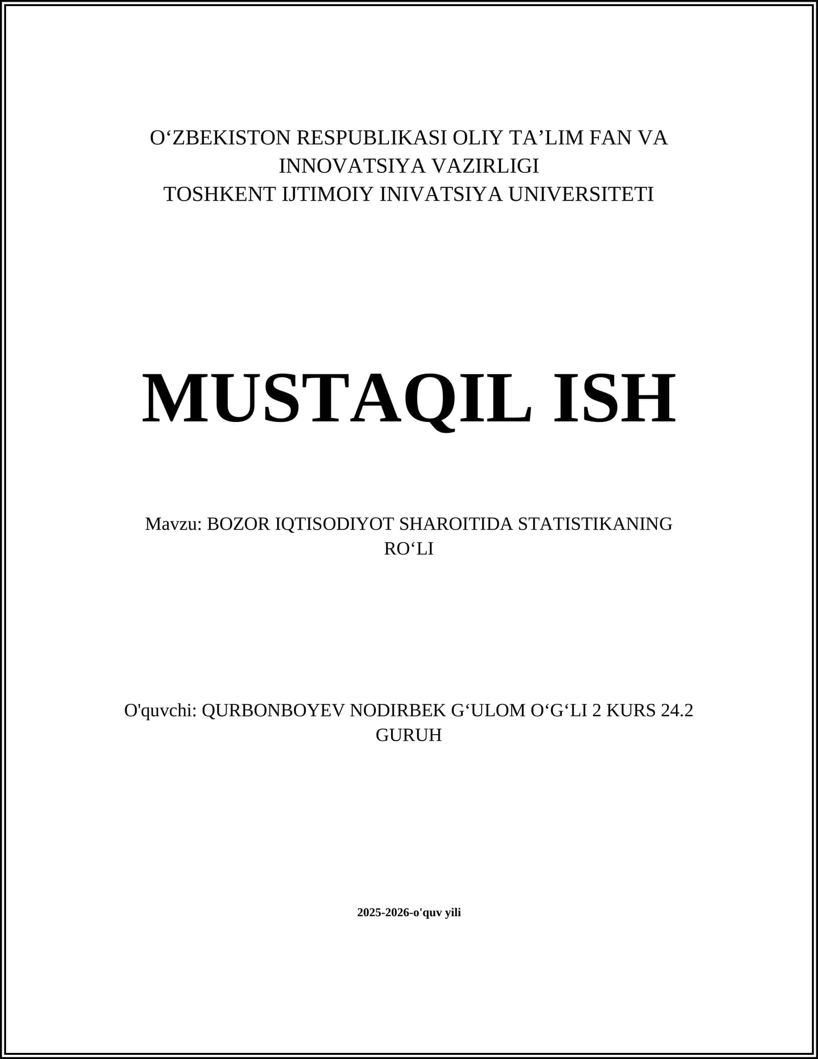 BOZOR IQTISODIYOT SHAROITIDA STATISTIKANING ROʻLI