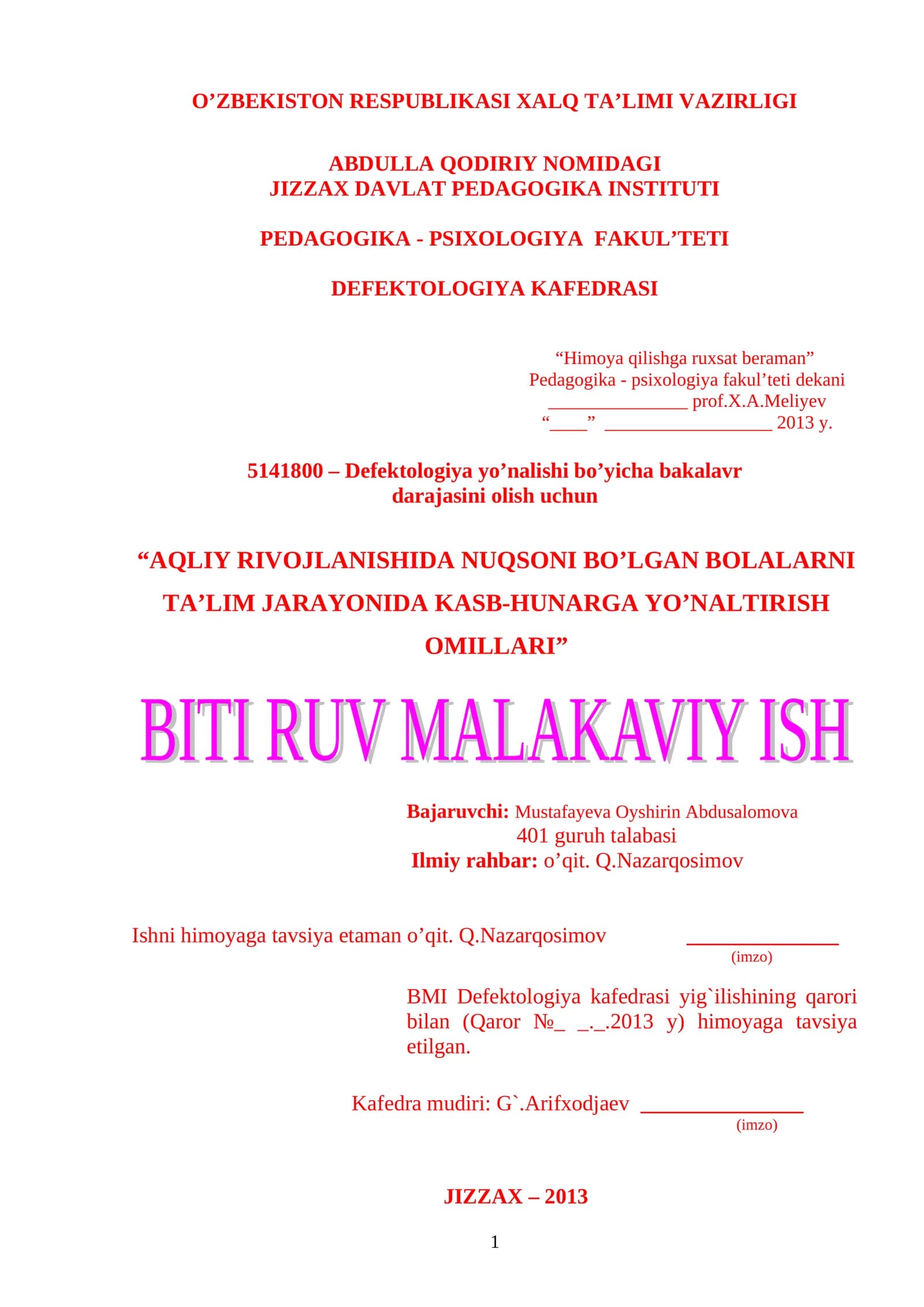 Defektologiya yo’nalishi