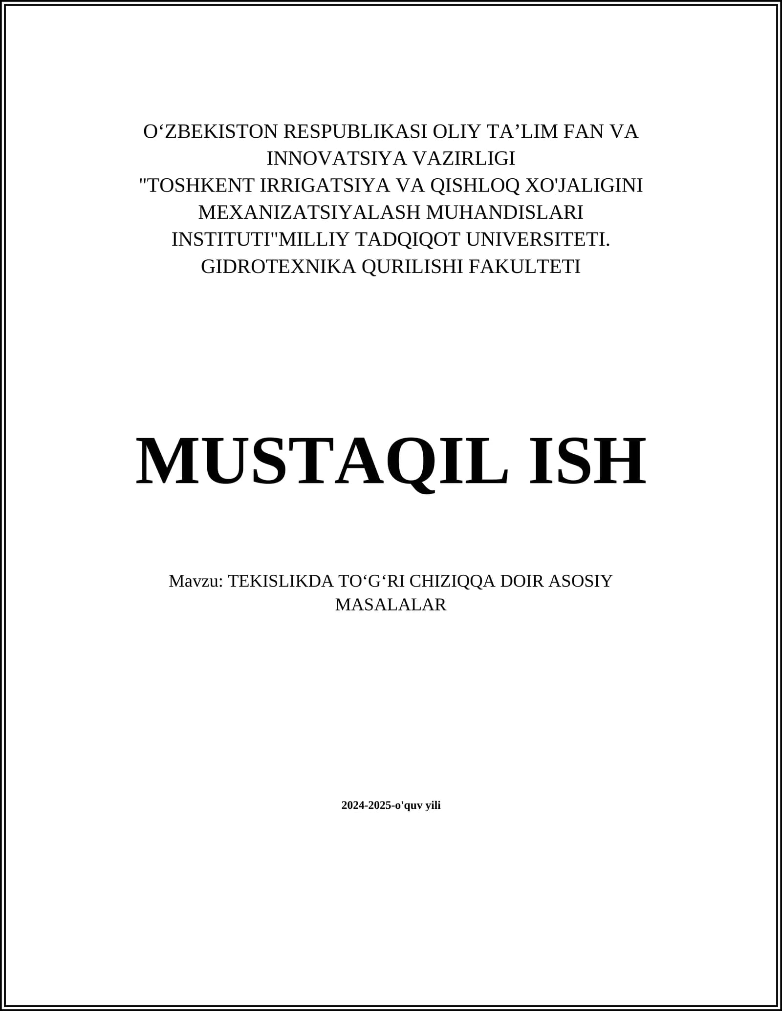 TEKISLIKDA TOʻGʻRI CHIZIQQA DOIR ASOSIY MASALALAR