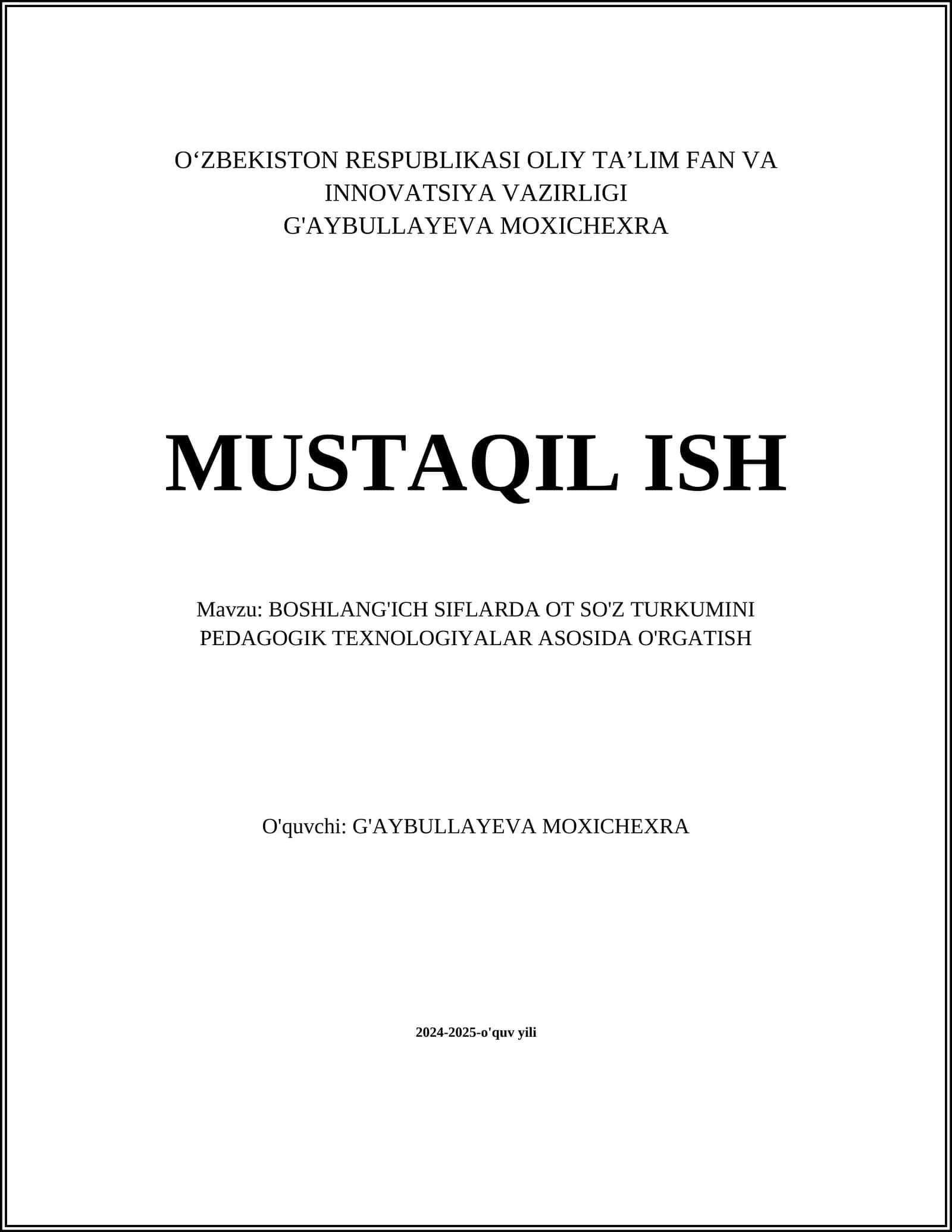 Boshlang'ich Siflarda Ot So'z Turkumini Interaktiv Metodlar Orqali O'rgatish