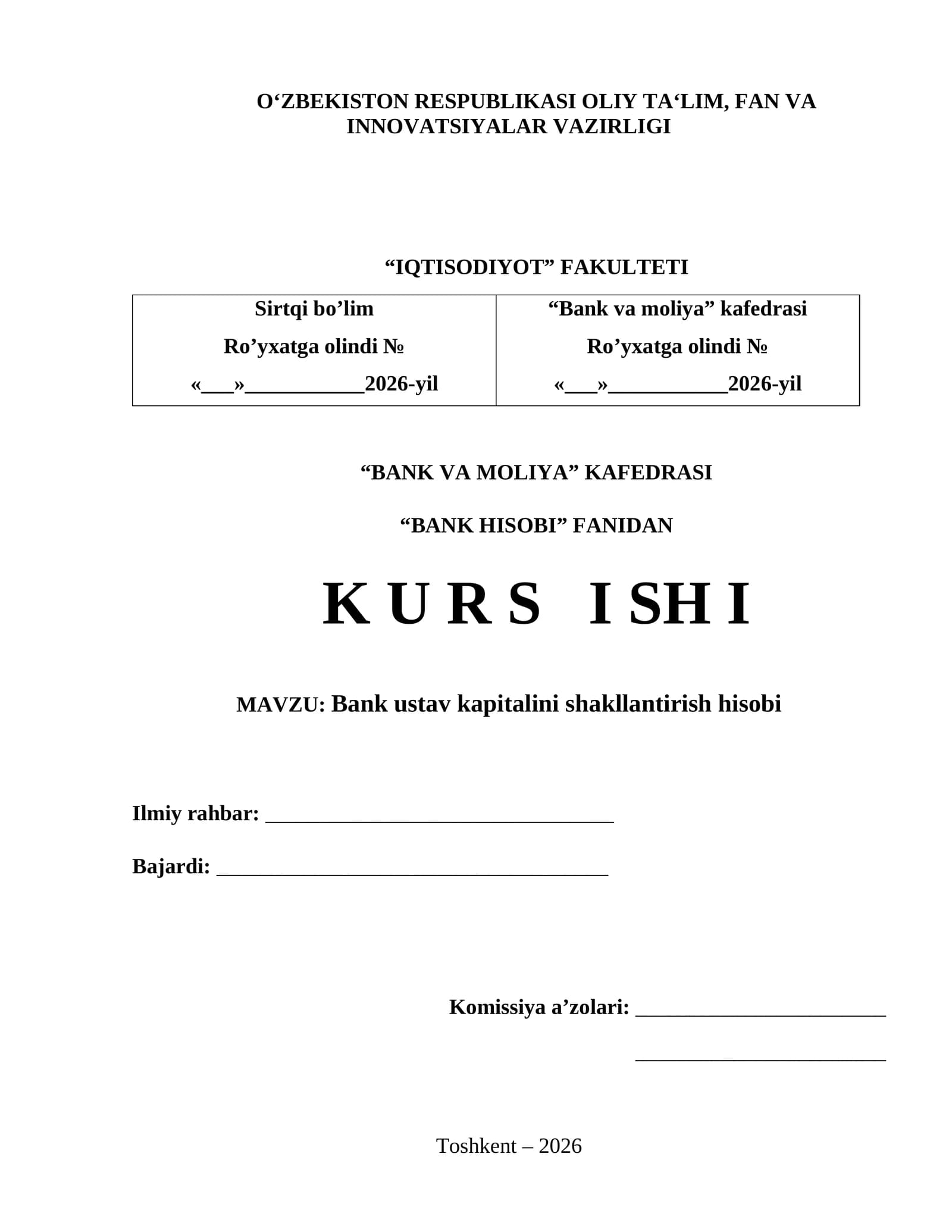 Bank ustav kapitalini shakllantirish hisobi