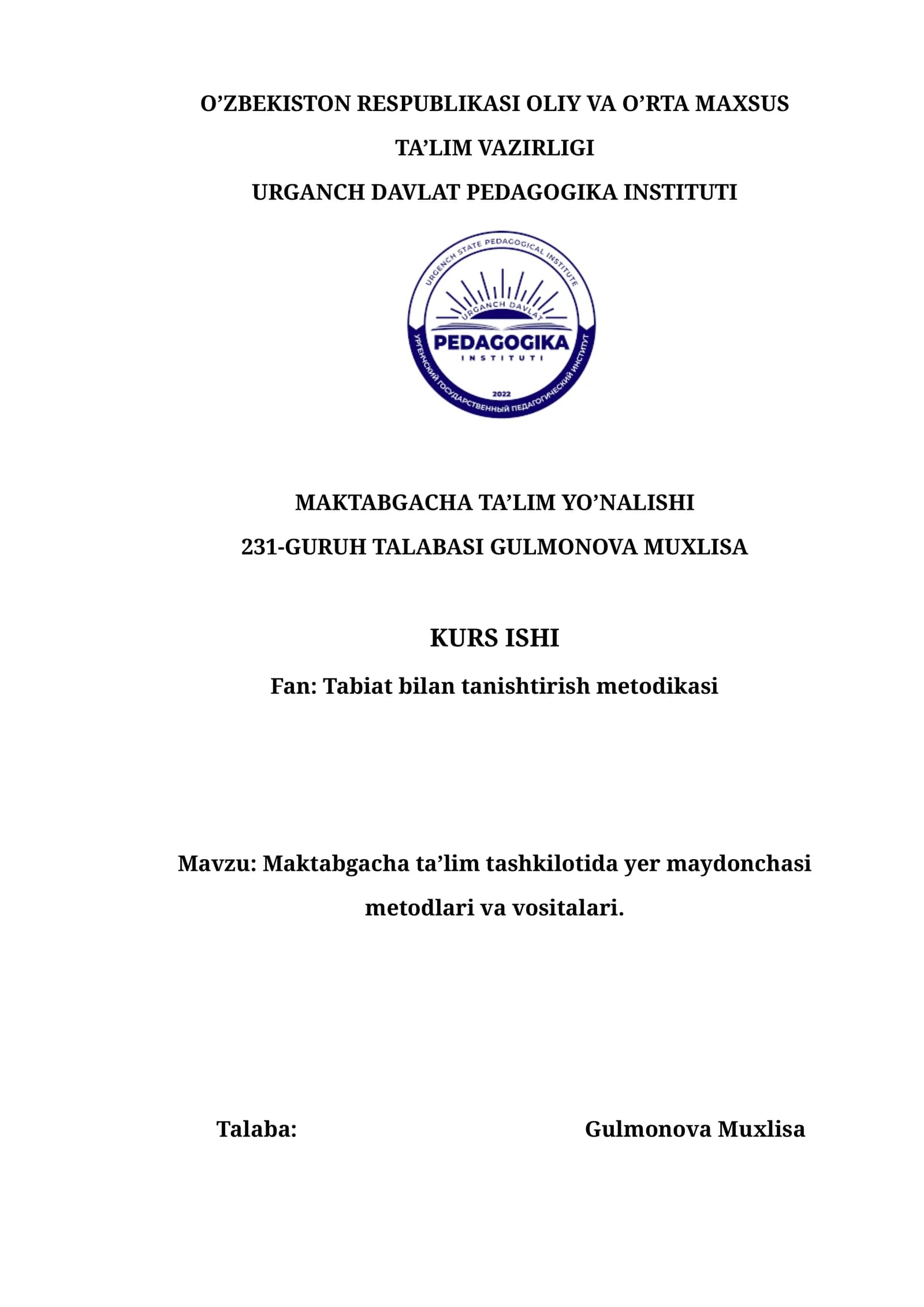 Maktabgacha taʼlim tashkilotida yer maydonchasi metodlari va vositalari
