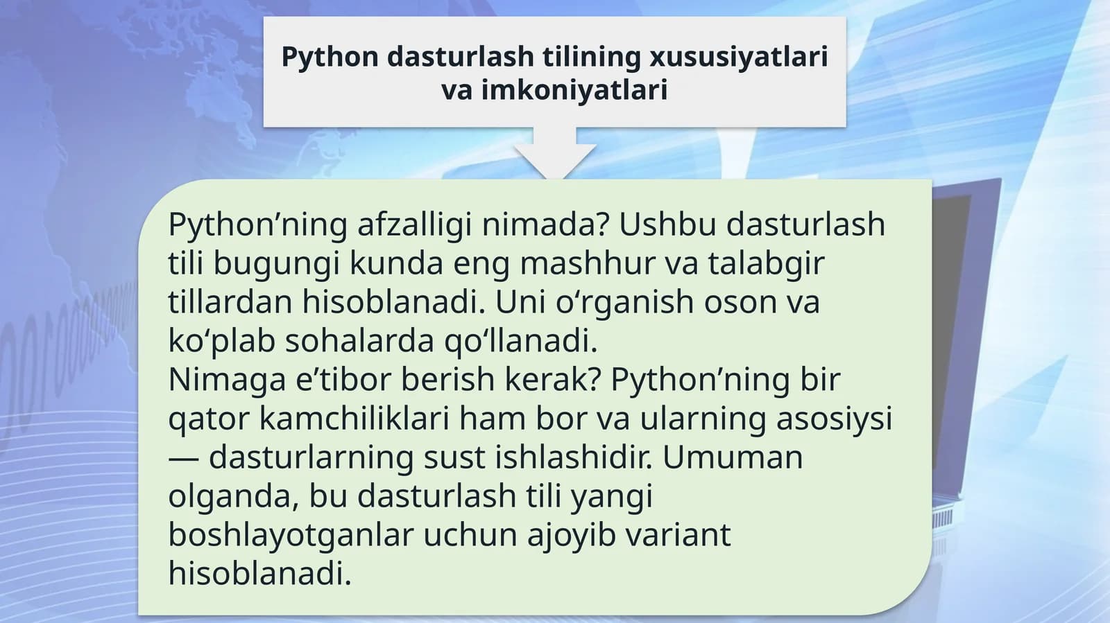 Python dasturlash tilining xususiyatlari va imkoniyatlari