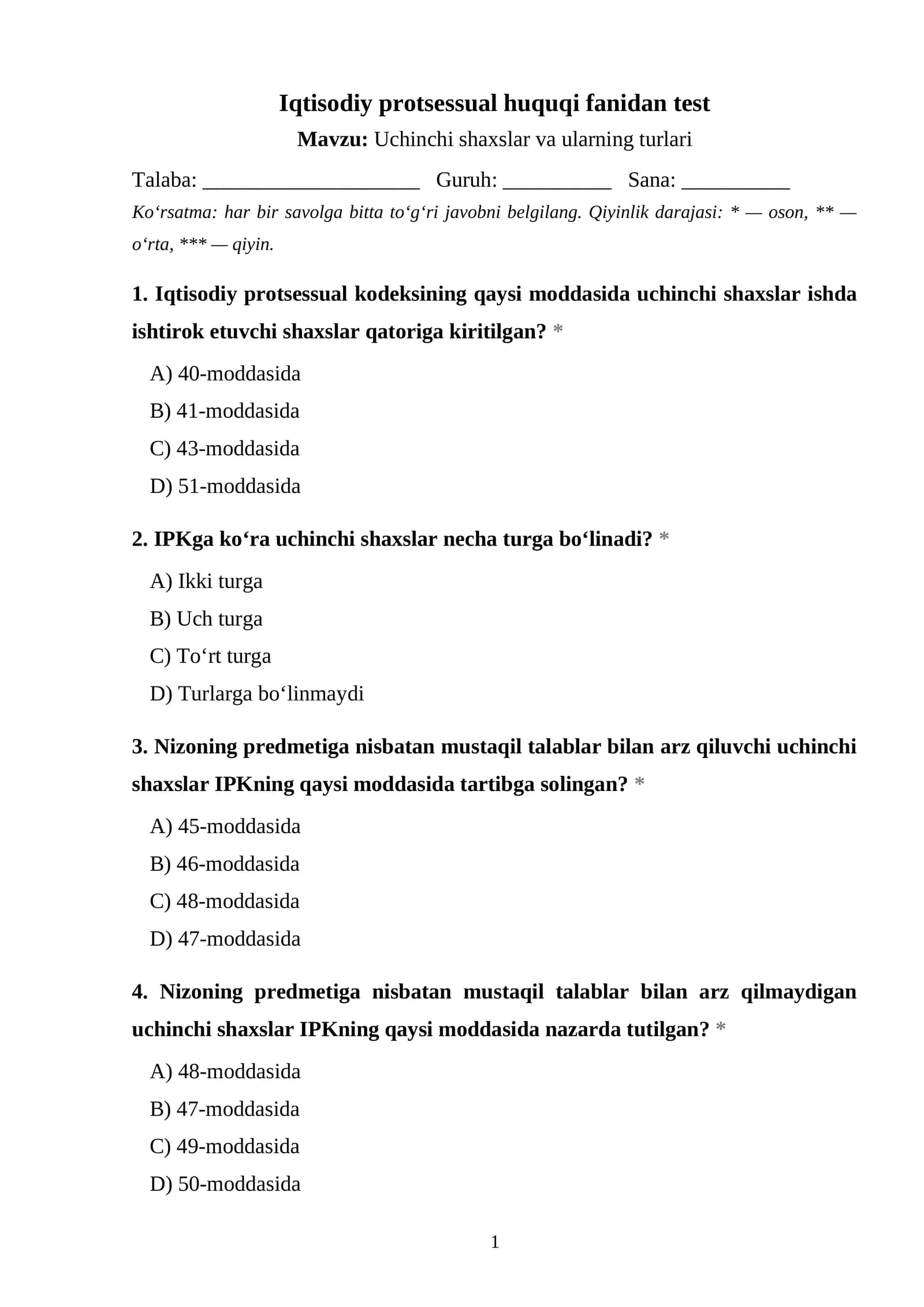 Iqtisodiy protsessual huquqi fanidan test