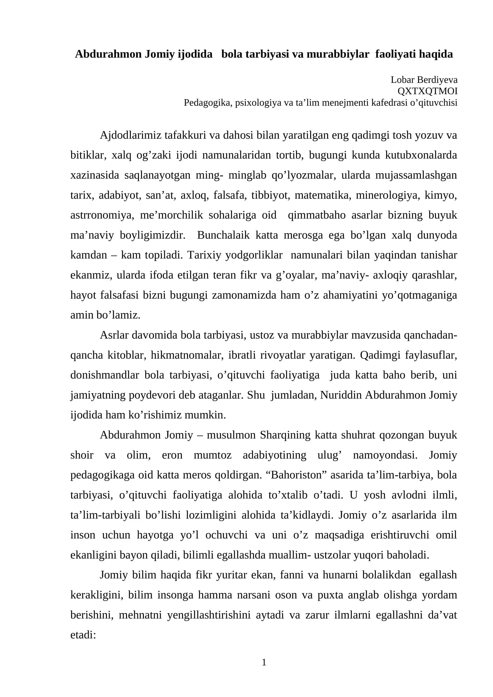 Asrlar davomida bola tarbiyasi va ustoz-murabbiylar faoliyati ma’nosi