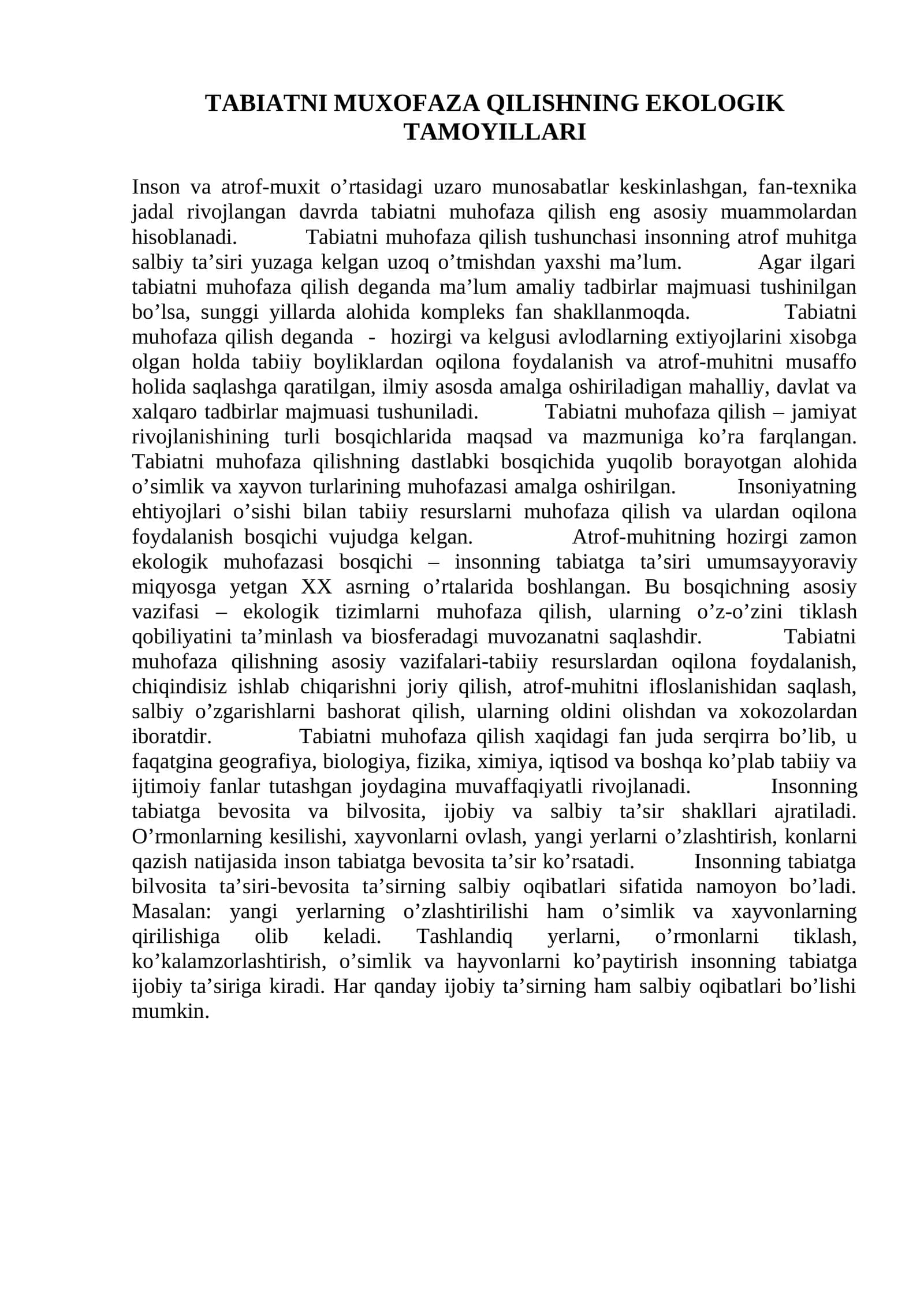 TABIATNI MUXOFAZA QILISHNING EKOLOGIK TAMOYILLARI