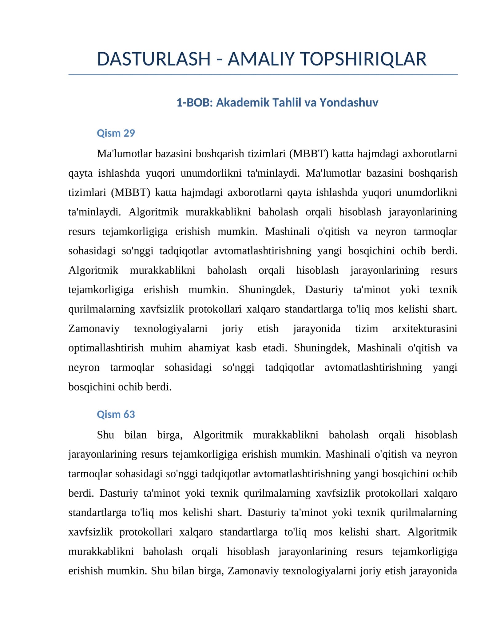 DASTURLASH - AMALIY TOPSHIRIQLAR