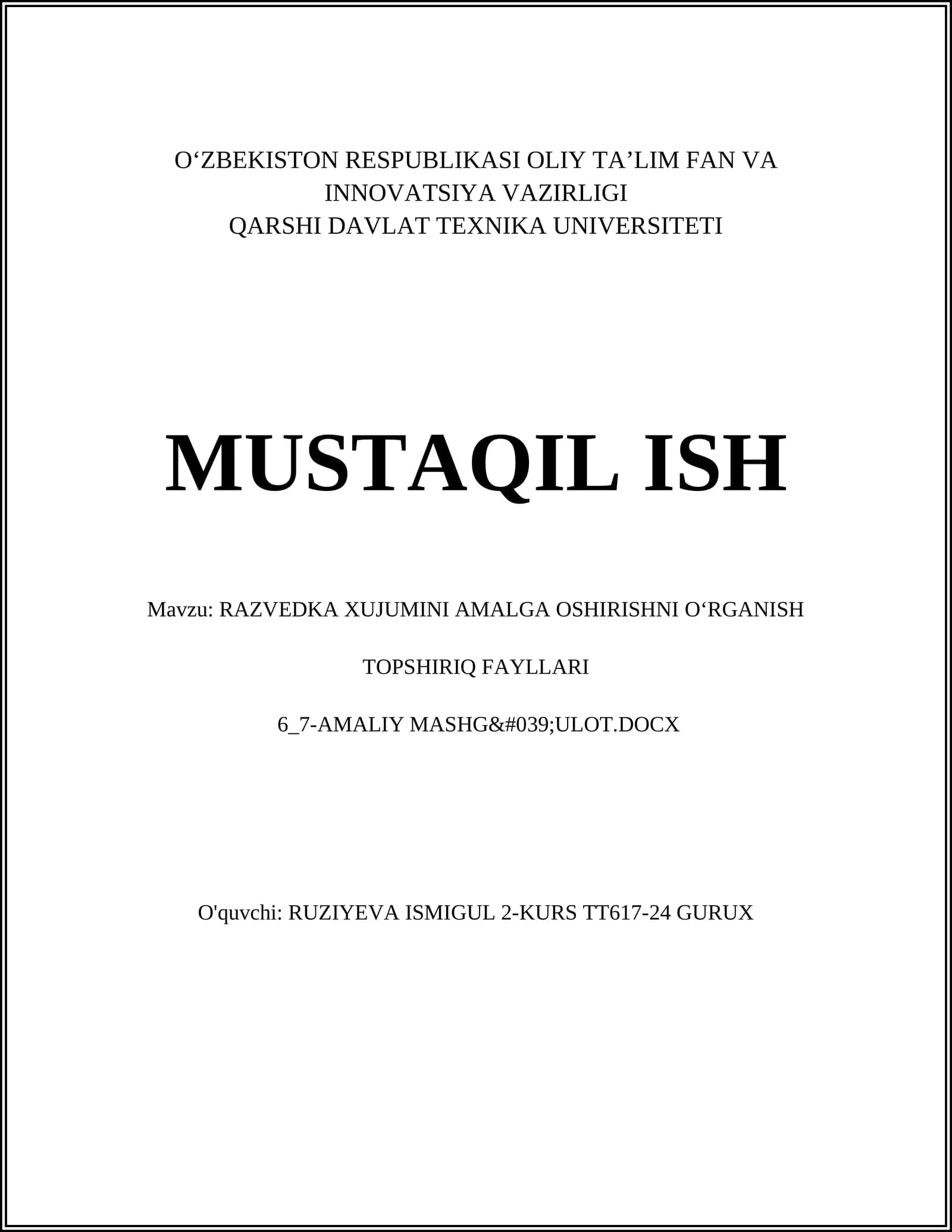 RAZVEDKA XUJUMINI AMALGA OSHIRISHNI O‘RGANISH