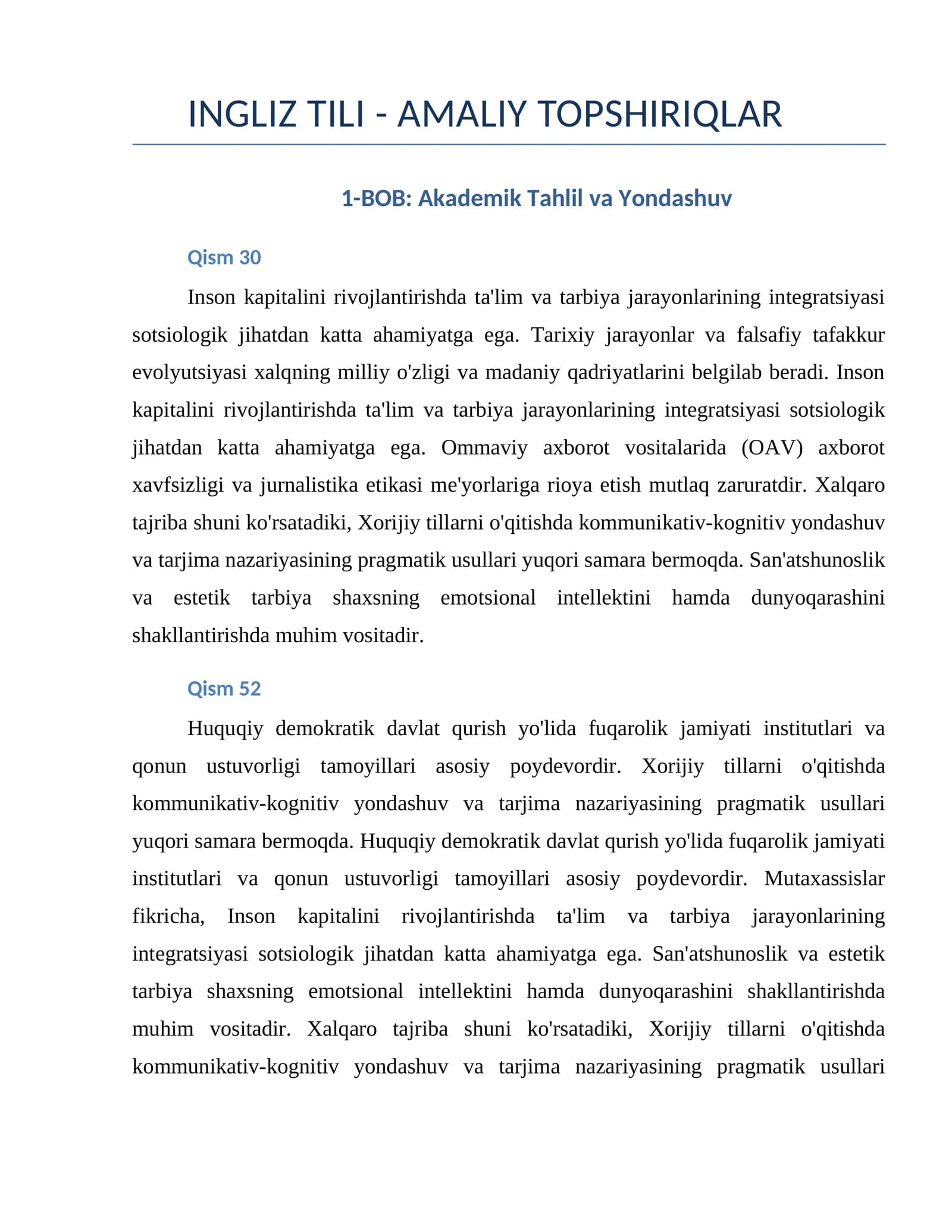 INGLIZ TILI - AMALIY TOPSHIRIQLAR