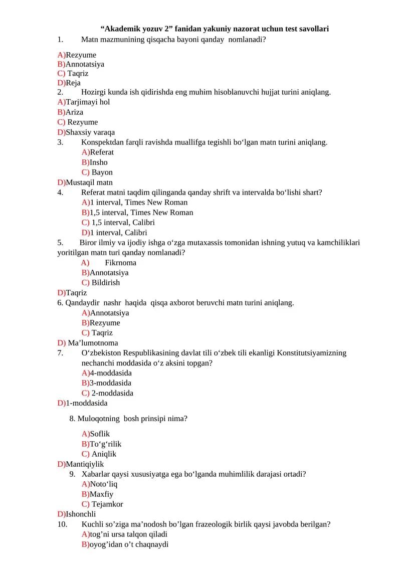 Akademik yozuv 2 fanidan yakuniy nazorat uchun test savollari