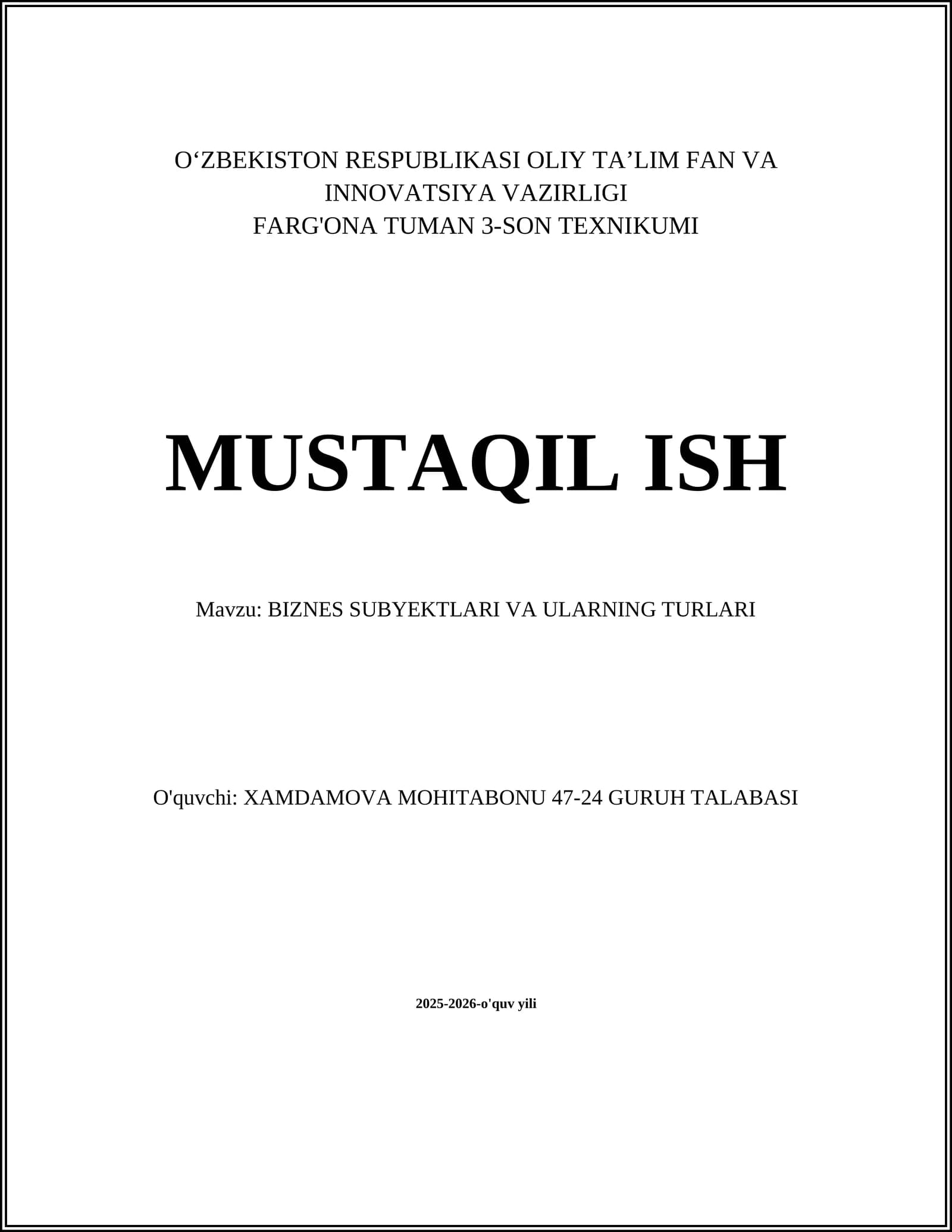 Biznes Subyektlari va Ularning Turlari