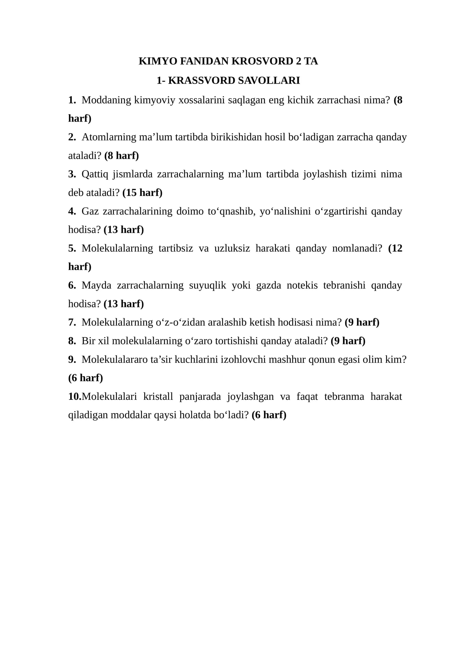 KIMYO FANIDAN KROSVORD 2 TA