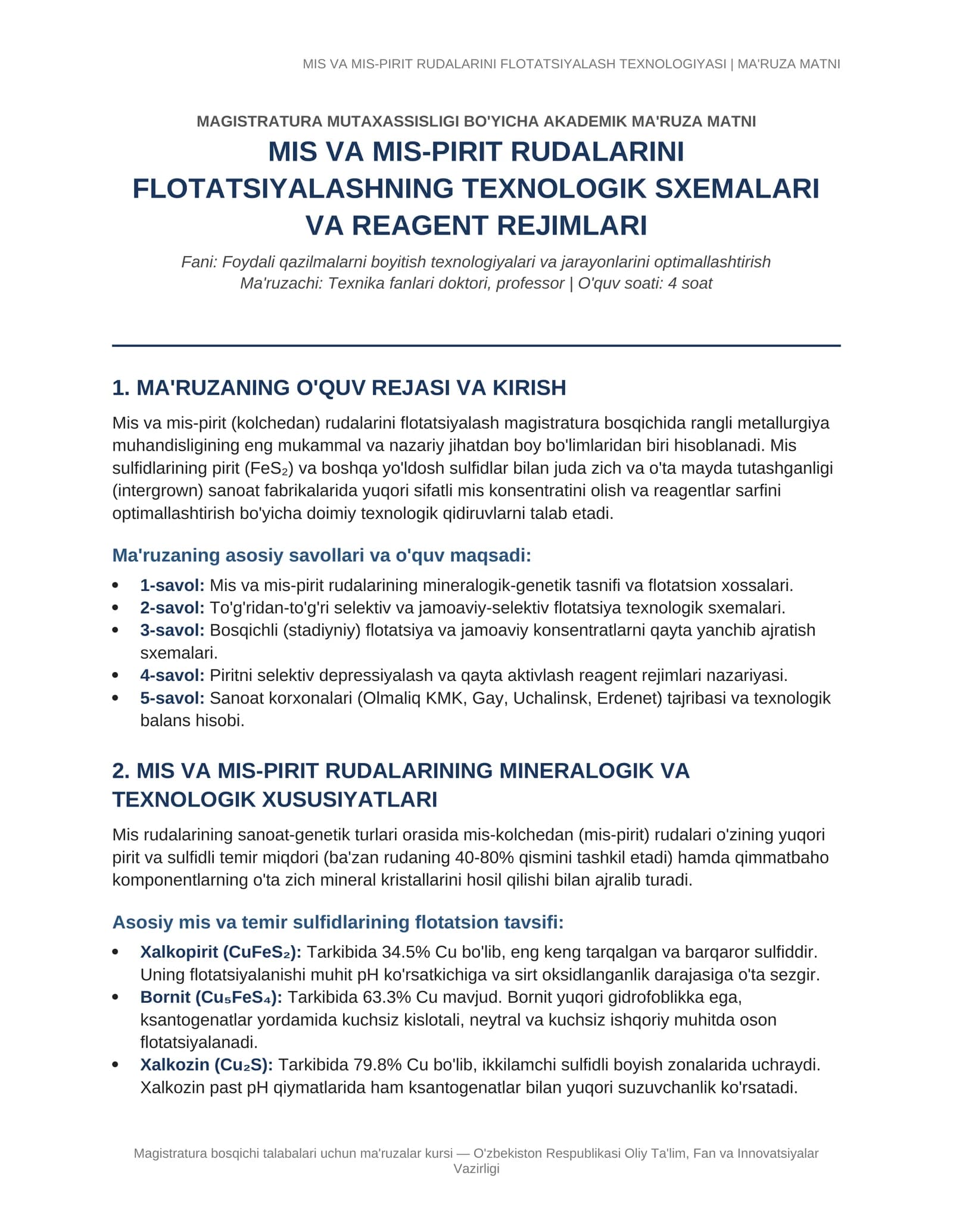 MIS VA MIS-PIRIT RUDALARINI FLOTATSIYALASH TEXNOLOGIYASI