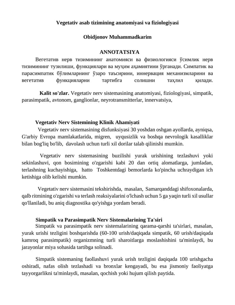 Vegetativ asab tizimining anatomiyasi va fiziologiyasi