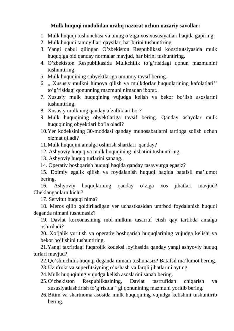 Mulk huquqi modulidan oraliq nazorat