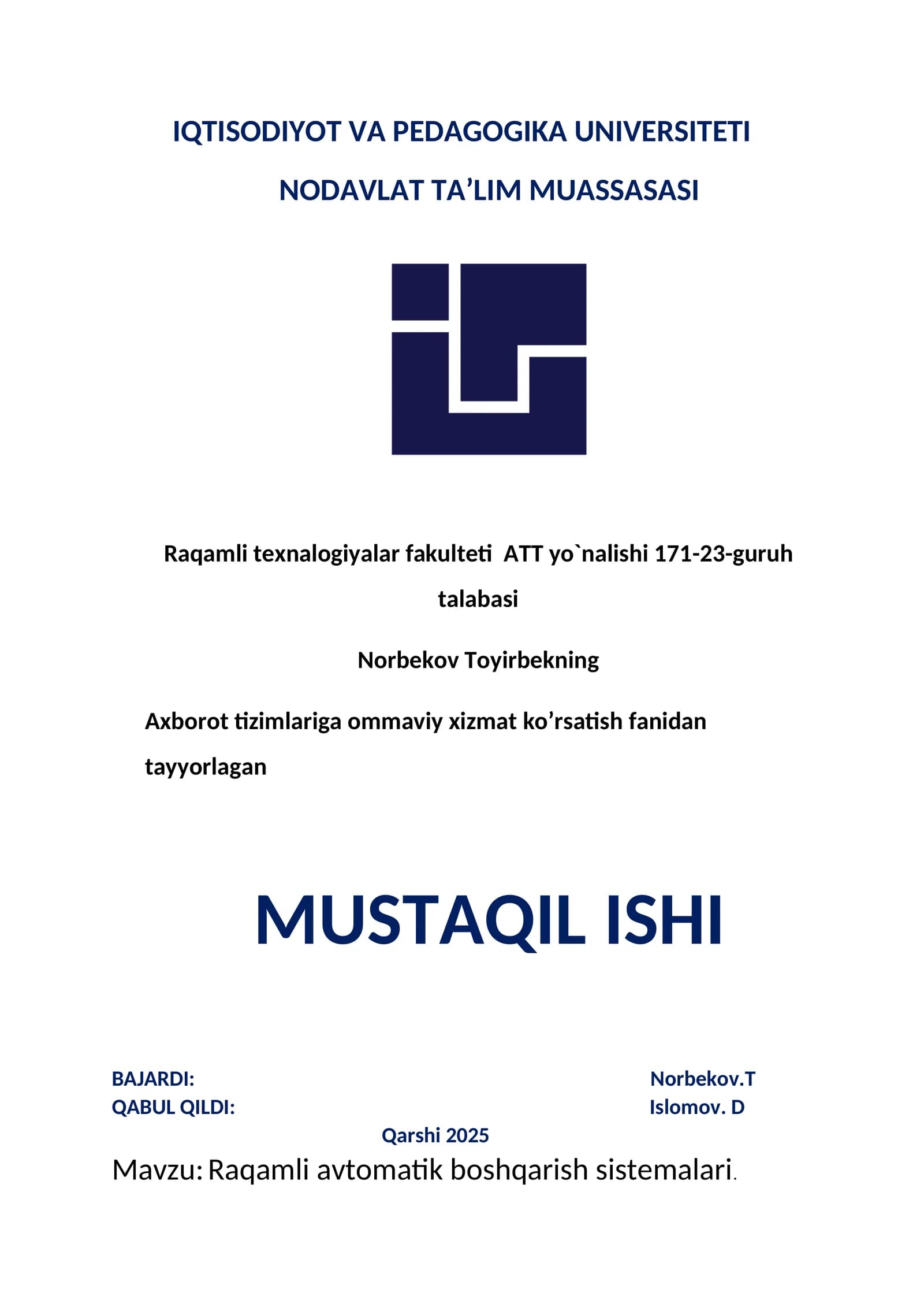 Raqamli avtomatik boshqarish sistemalari