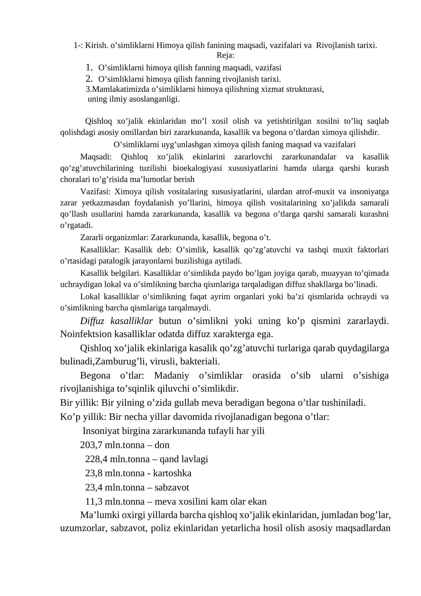 O'simliklarni himoya qilish fanining maqsadi, vazifalari va Rivojlanish tarixi