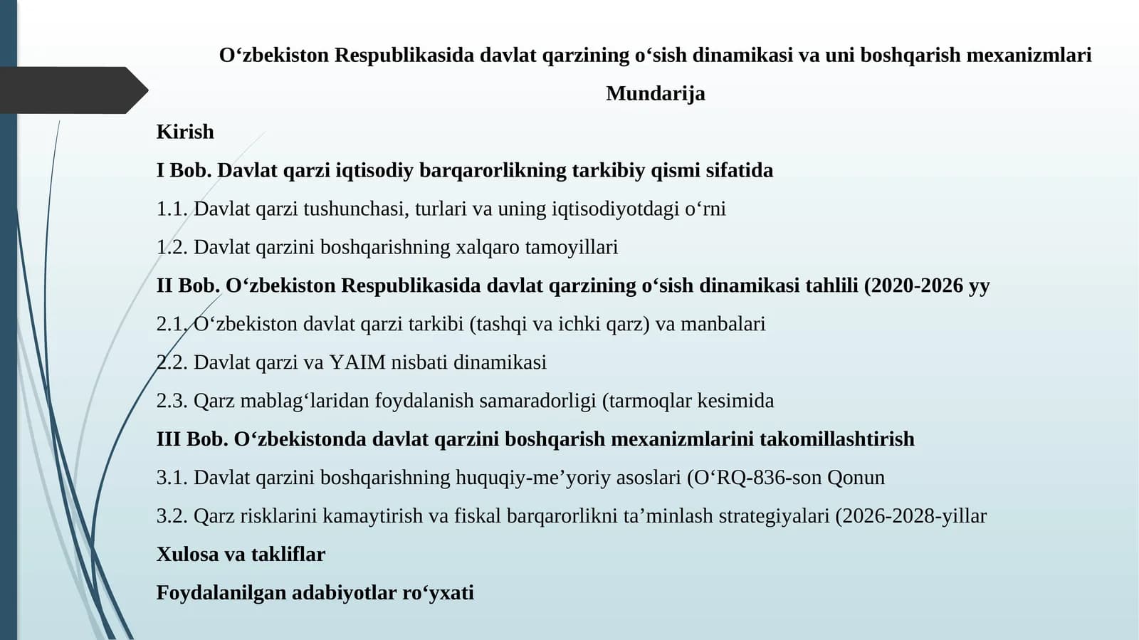 O'zbekiston Respublikasi Davlat qarzining o'sish dinamikasi va uniboshqarish mexanizmlari