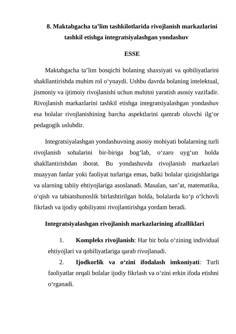 Maktabgacha ta’lim tashkilotlarida rivojlanish markazlarini tashkil etishga integratsiyalashgan yondashuv