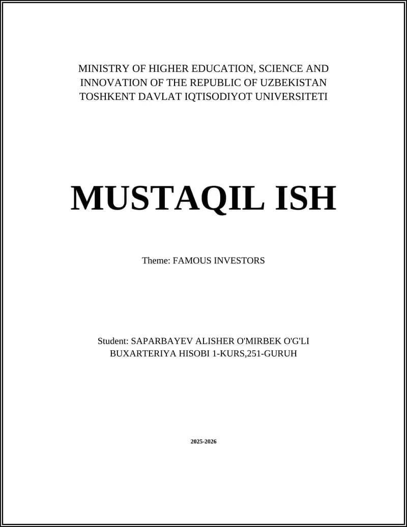 TOSHKENT DAVLAT IQTISODIYOT UNIVERSITETI - MUSTAQIL ISH