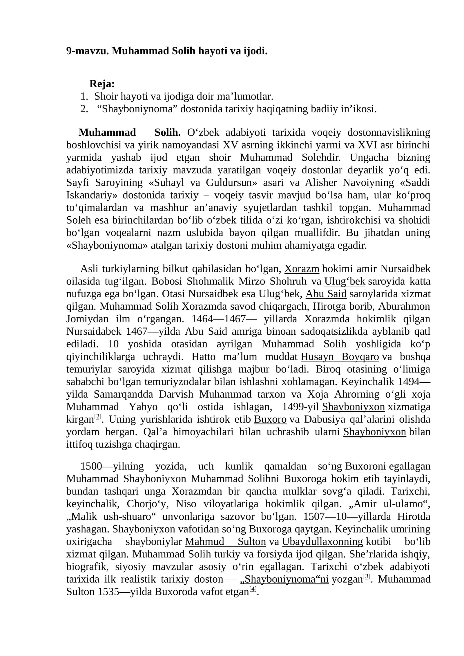 9-mavzu. Muhammad Solih hayoti va ijodi