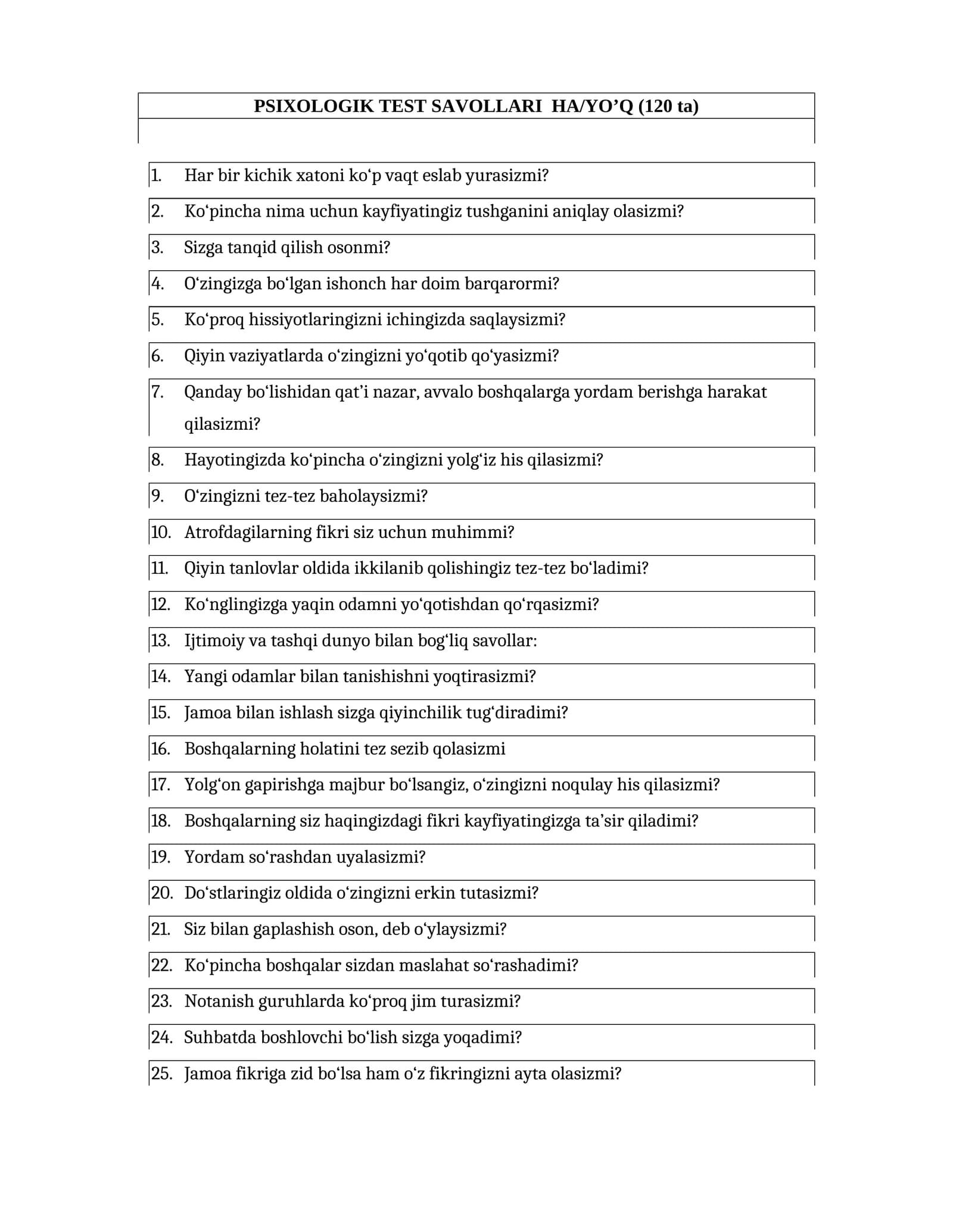 O'zbekiston Respublikasi Harbiy xavfsizlik va mudofaa universiteti HA/YO’Q PSIXOLOGIK TEST SAVOLLARI