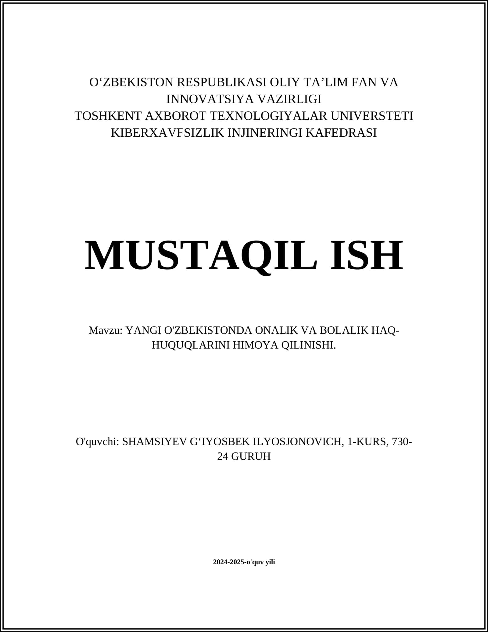 YANGI O'ZBEKISTONDA ONALIK VA BOLALIK HAQ-HUQUQLARINI HIMOYA QILINISHI