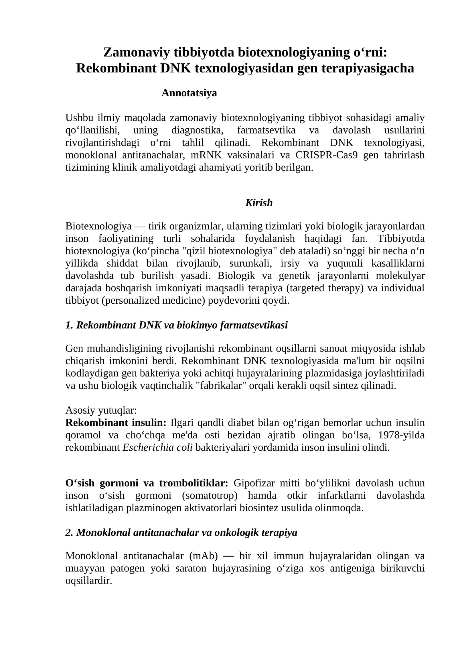 Zamonaviy tibbiyotda biotexnologiyaning o‘rni: Rekombinant DNK texnologiyasidan gen terapiyasigacha