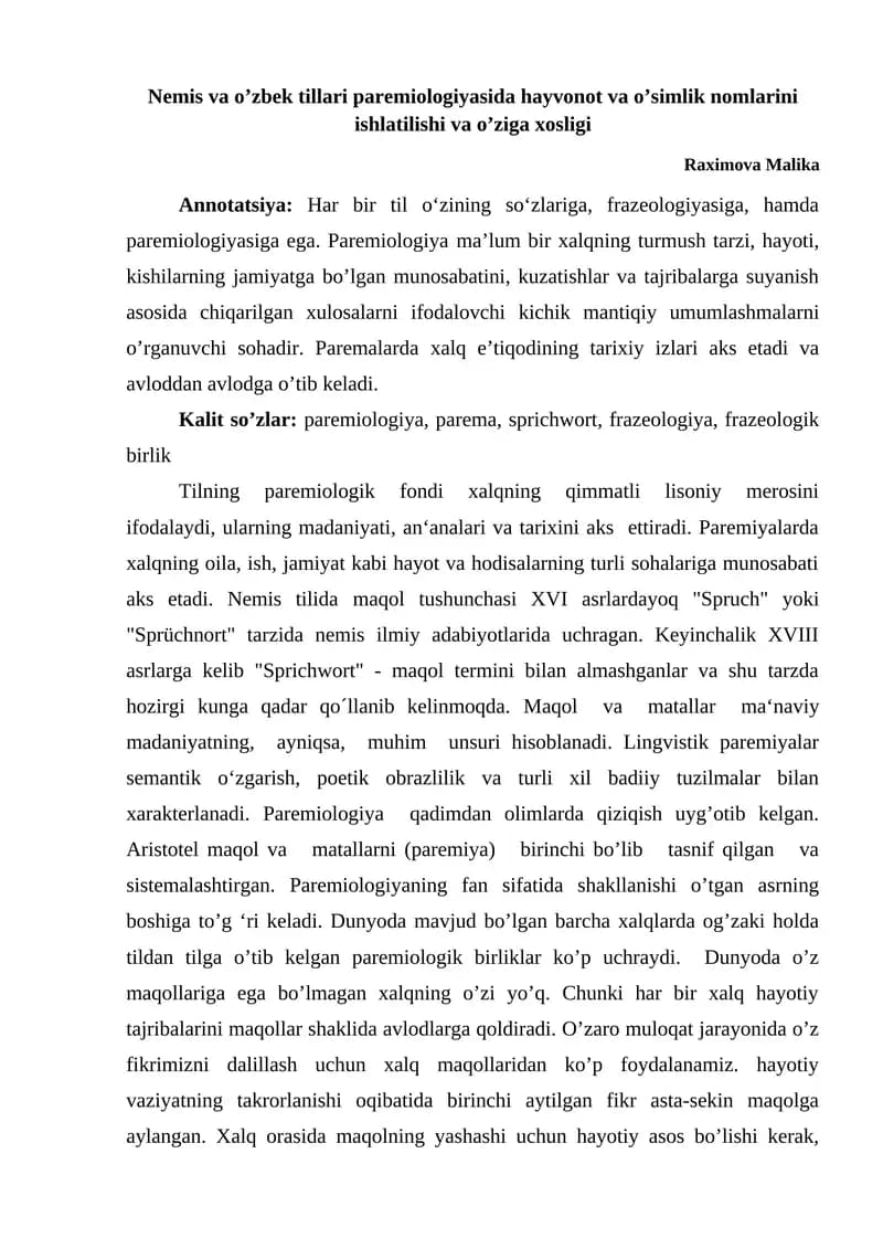 Nemis va o’zbek tillari paremiologiyasida hayvonot va o’simlik nomlarini ishlatilishi va o’ziga xosligi
