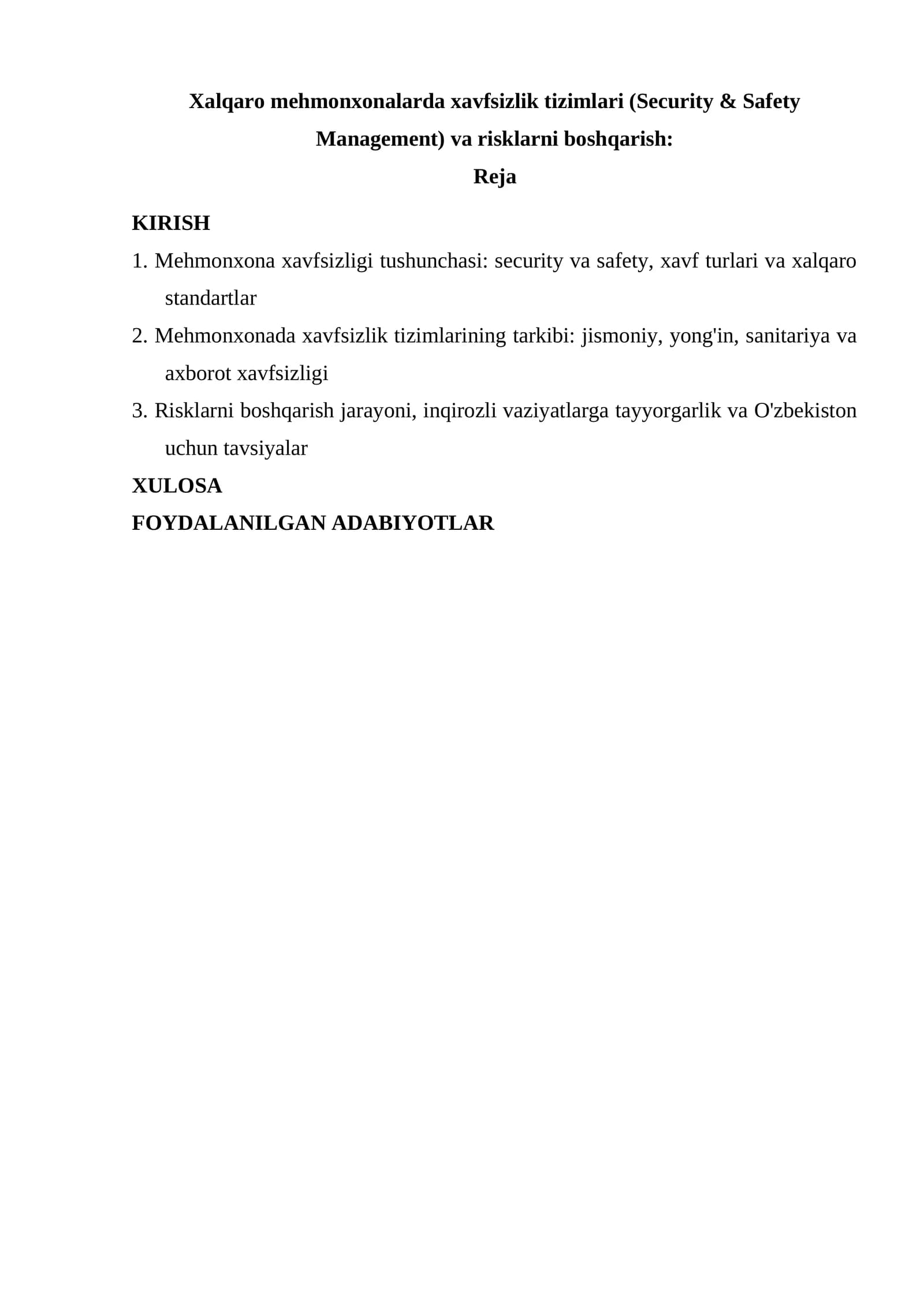 Xalqaro mehmonxonalarda xavfsizlik tizimlari (Security & Safety Management) va risklarni boshqarish