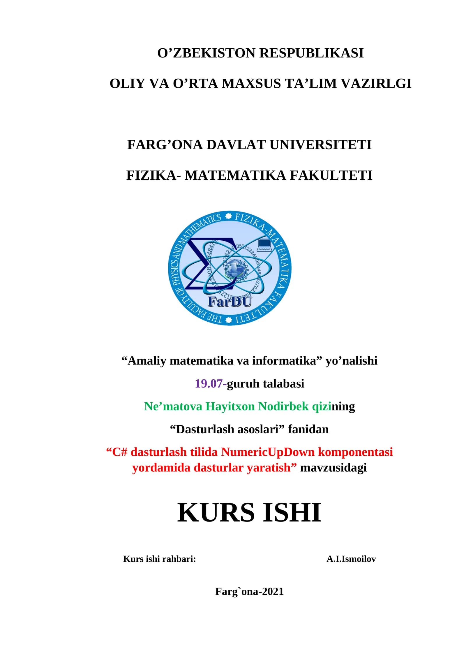 “С# dasturlash tilida NumericUpDown komponentasi yordamida dasturlar yaratish”